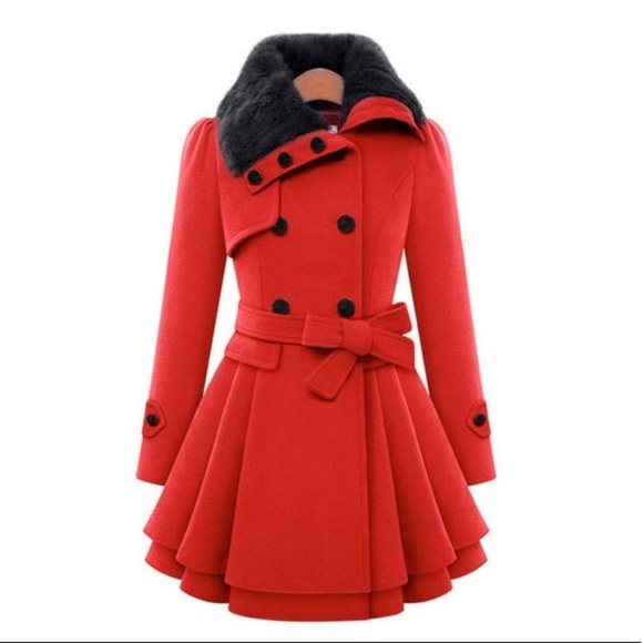 MoDa New York Jackets & Blazers - Red & Black Faux Fur Fit & Flare Button Jacket